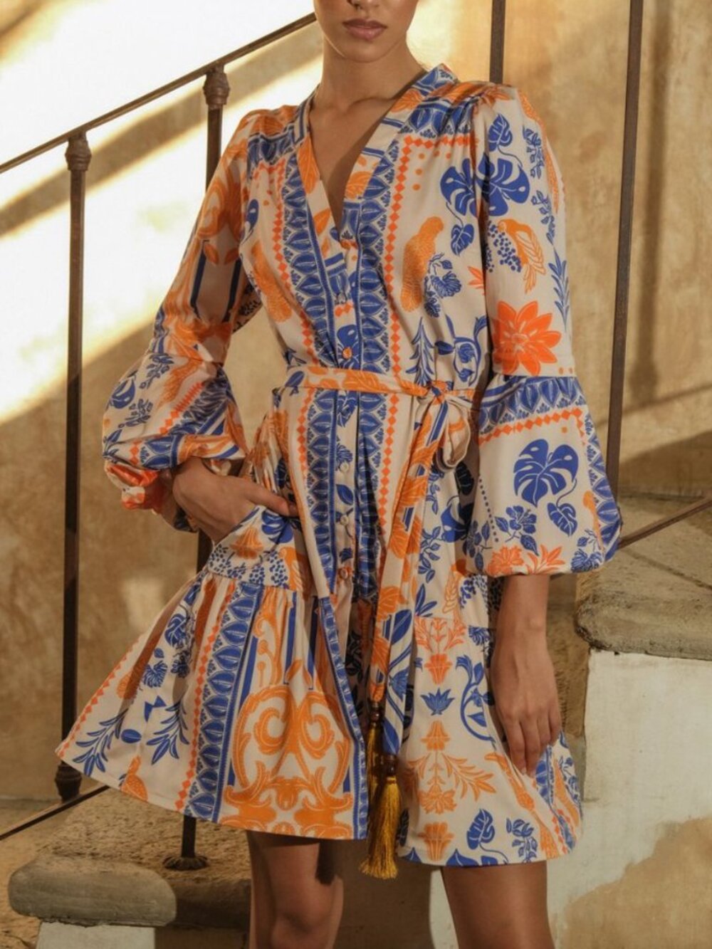 $795 Andres Otalora Orange Blue Tropical Paradise Maxi Dress size 10